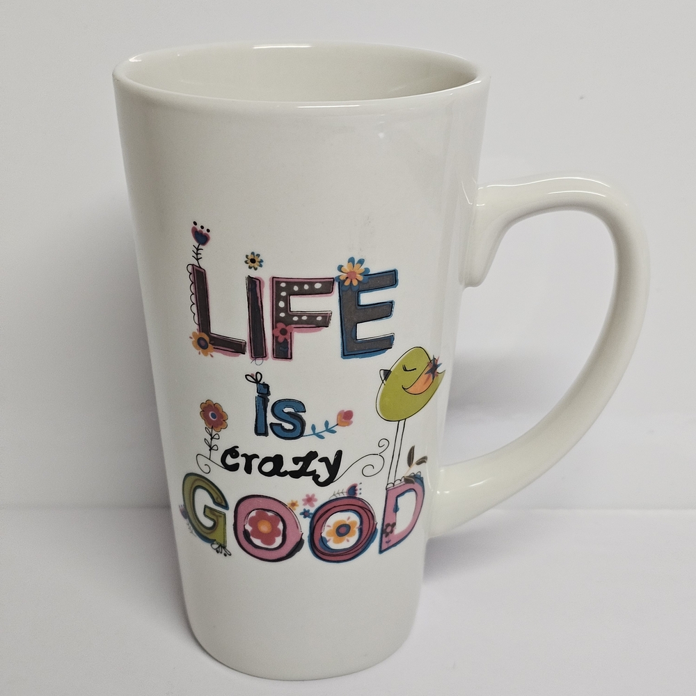Natural Life “Life is Crazy Good” Tall Ceramic Mug – Colorful Quote Coffee Cup